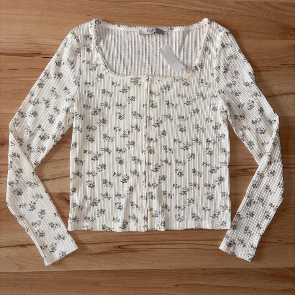 LOFT Cottagecore Floral Pointelle Long Sleeve Top size S